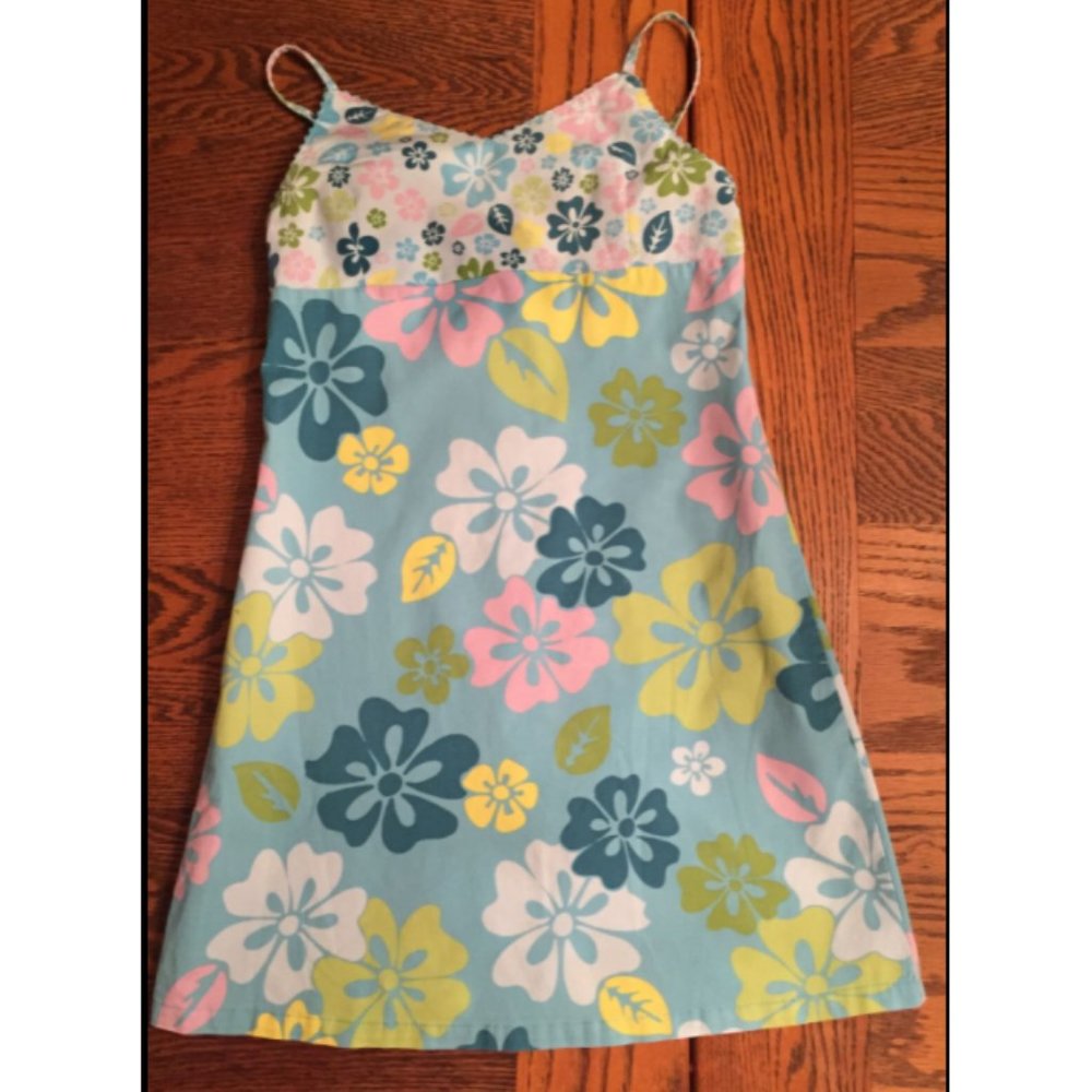 Old Navy Aqua Pink Yellow Blue Floral Sun Dress 95% Cotton